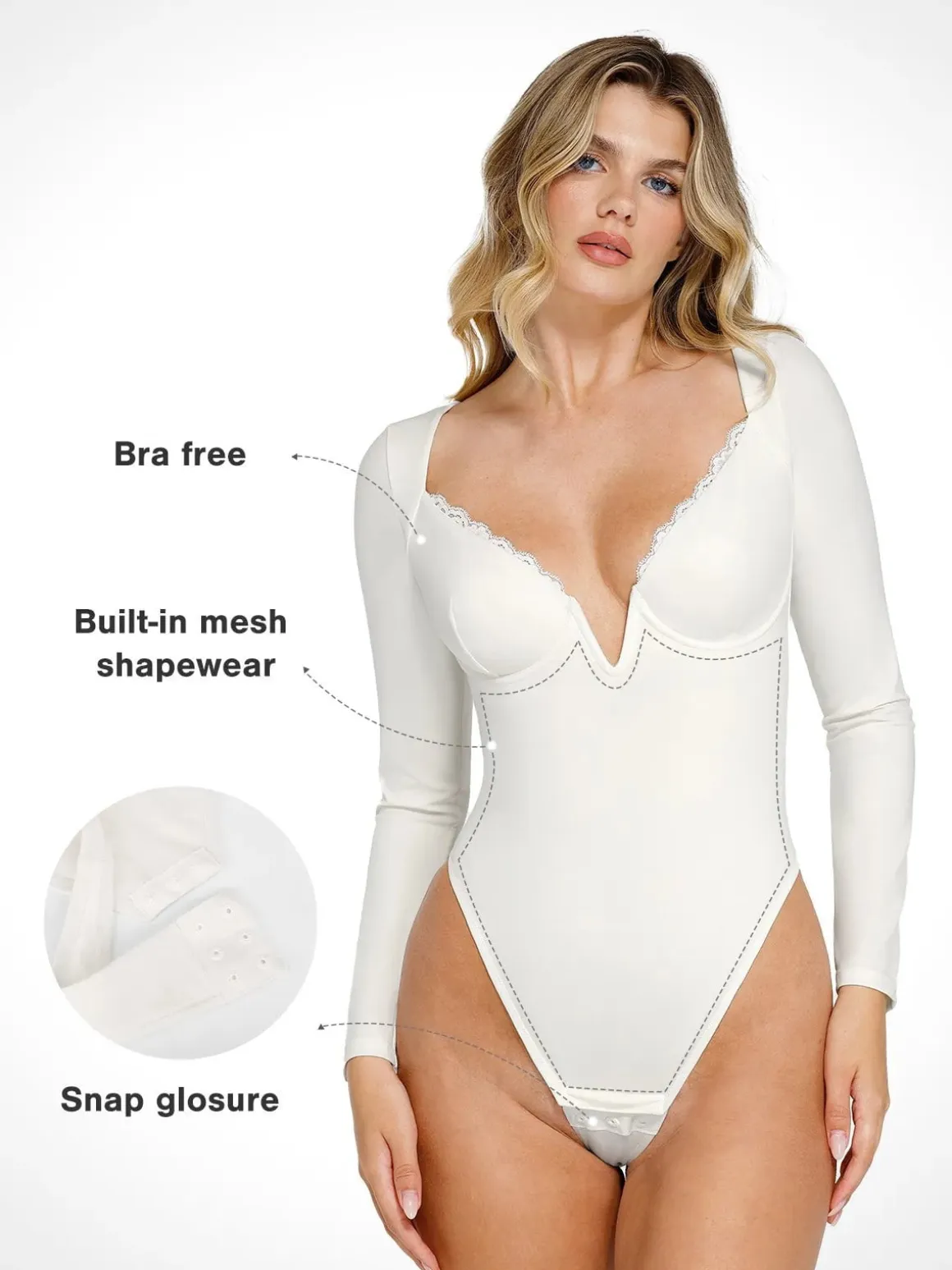 Shapewear Long Sleeve Lace Trim V-Neck Slimming Bodysuit
