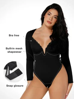 Shapewear Long Sleeve Lace Trim V-Neck Slimming Bodysuit