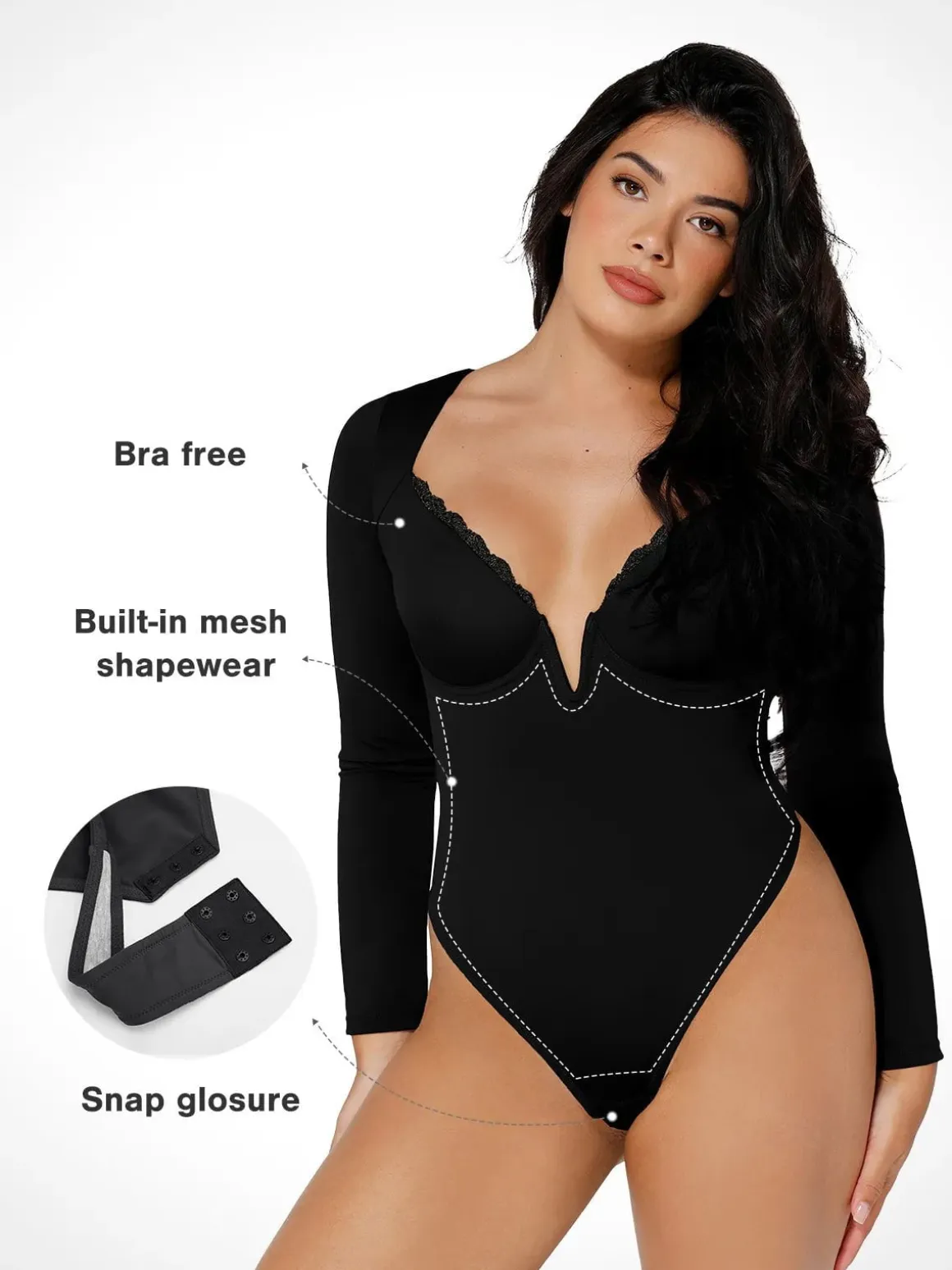 Shapewear Long Sleeve Lace Trim V-Neck Slimming Bodysuit