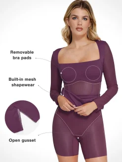 Shapewear Long Sleeve Mesh Inset Bodycon Midi Dress