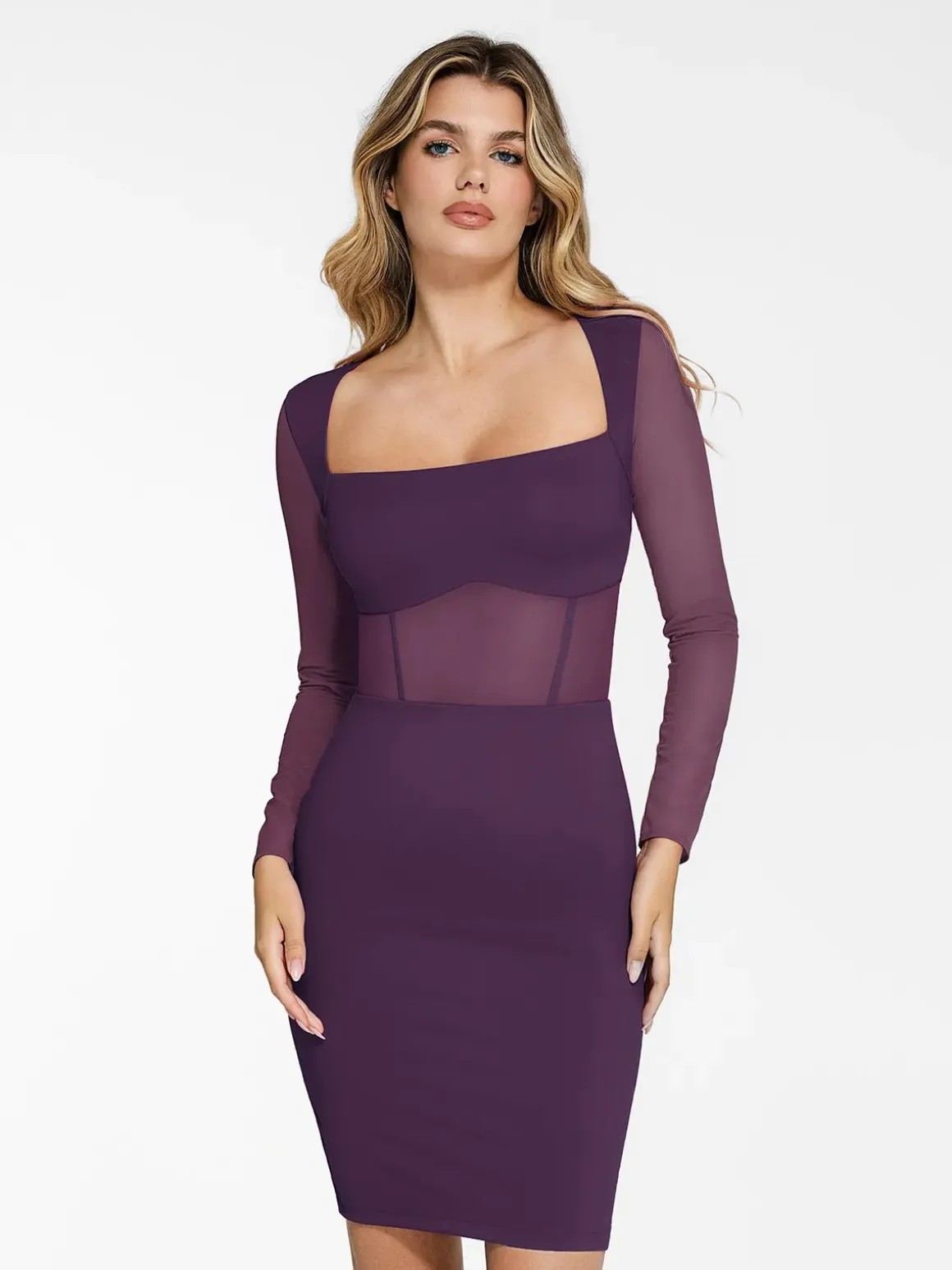 Shapewear Long Sleeve Mesh Inset Bodycon Midi Dress