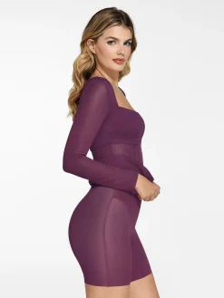 Shapewear Long Sleeve Mesh Inset Bodycon Midi Dress