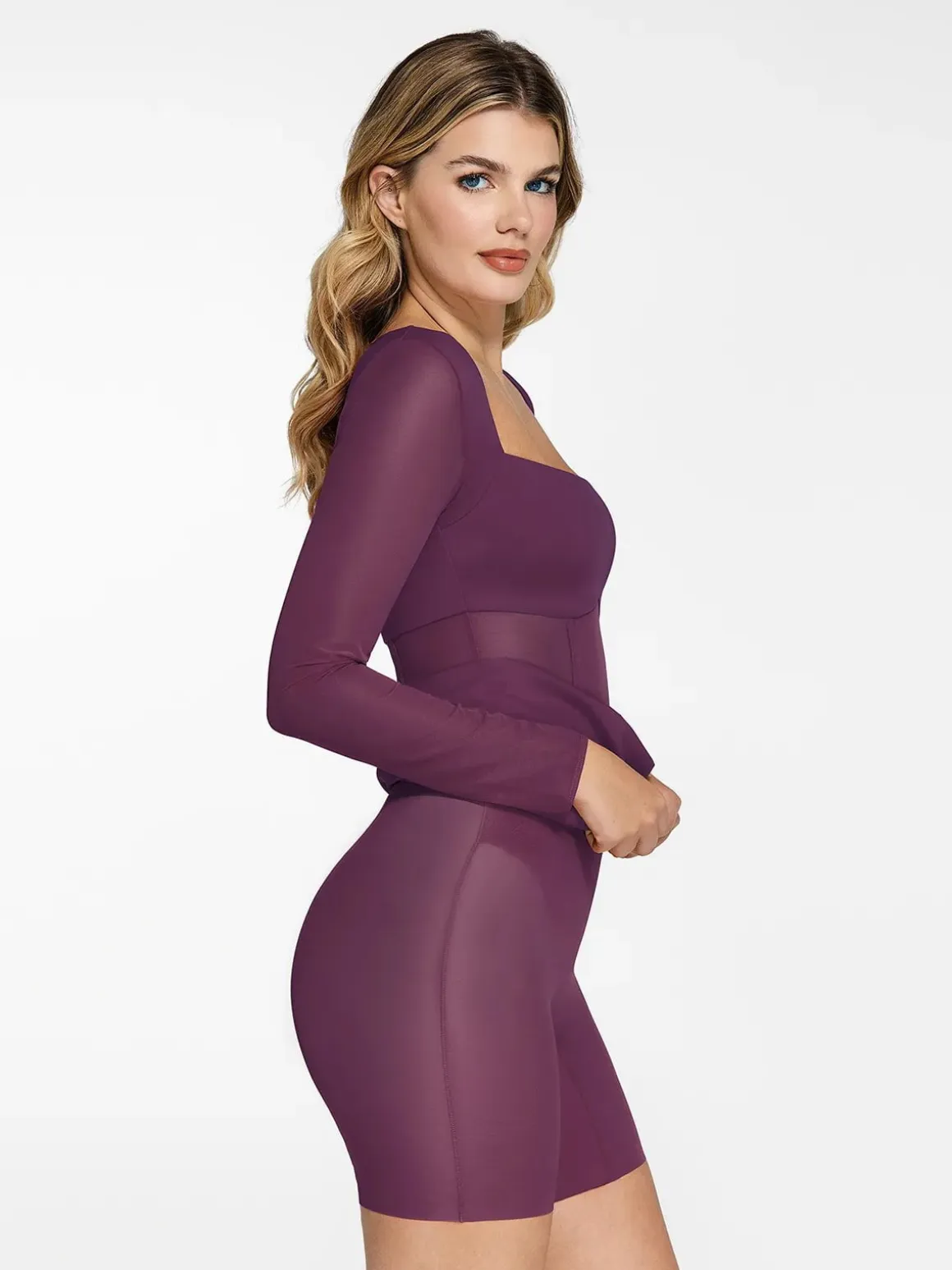 Shapewear Long Sleeve Mesh Inset Bodycon Midi Dress