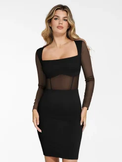 Shapewear Long Sleeve Mesh Inset Bodycon Midi Dress