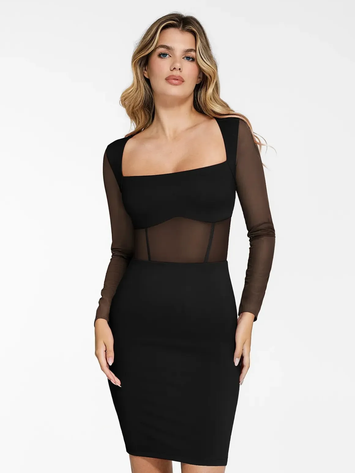 Shapewear Long Sleeve Mesh Inset Bodycon Midi Dress