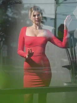 Shapewear Long Sleeve Mesh Inset Bodycon Midi Dress