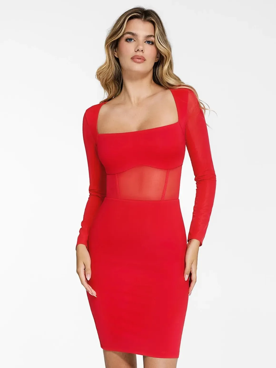Shapewear Long Sleeve Mesh Inset Bodycon Midi Dress