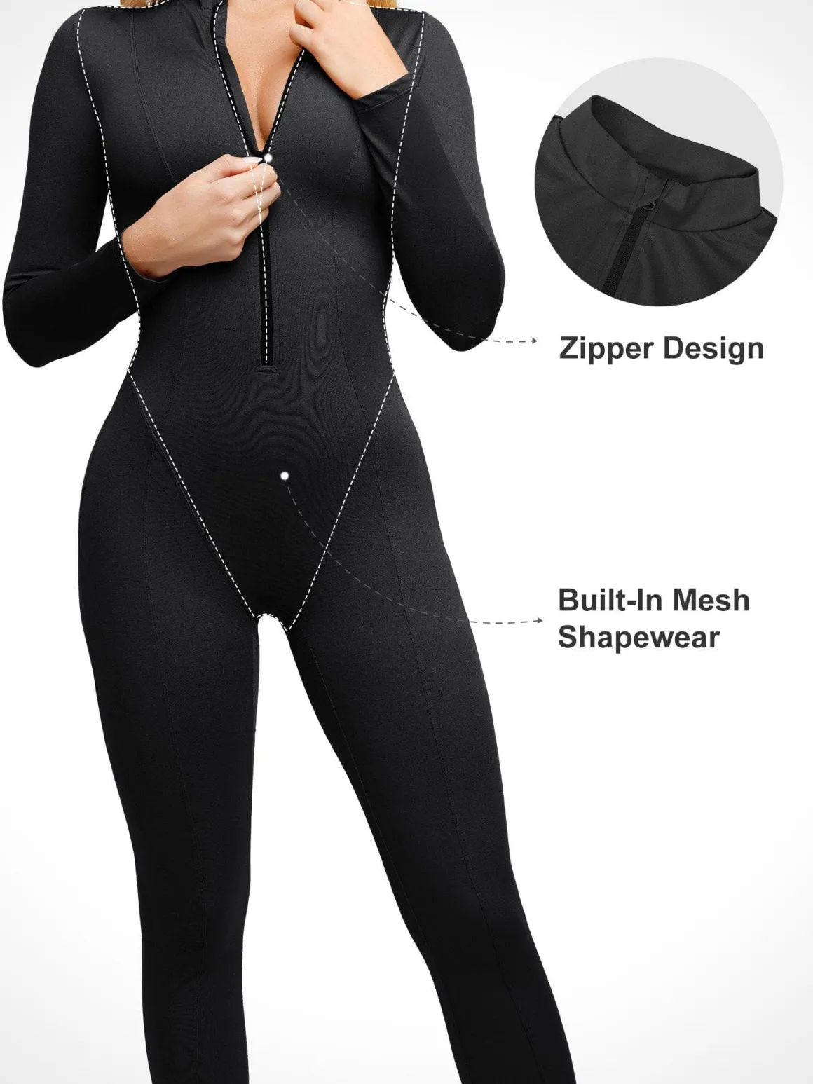 Shapewear Long Sleeve Mock Neck Zip Front Sculpting Jumpsuit