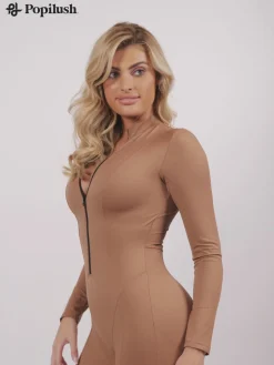 Shapewear Long Sleeve Mock Neck Zip Front Sculpting Jumpsuit