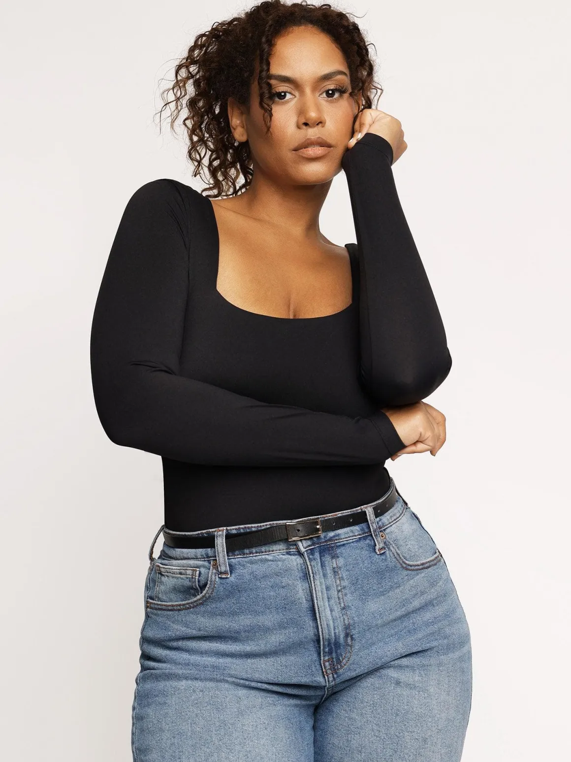 Shapewear Long Sleeve Sculpting Bodysuit Leather Midi Skirt Set