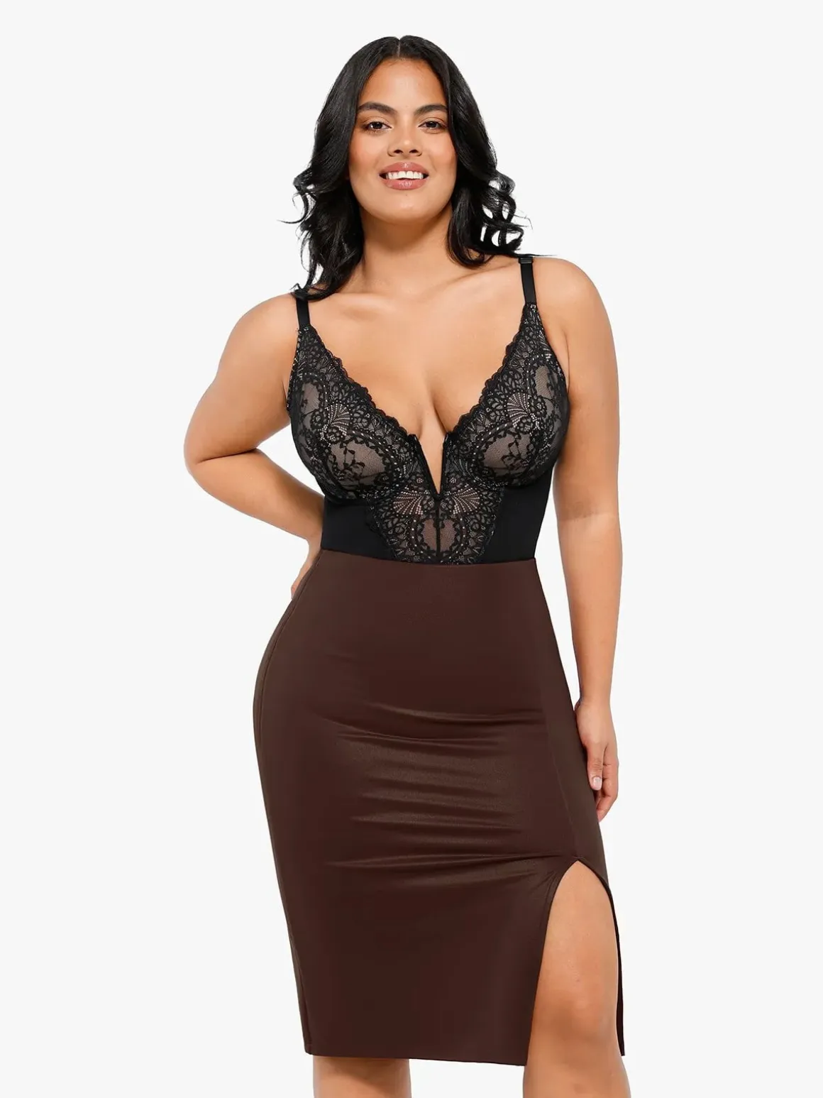 Shapewear Long Sleeve Sculpting Bodysuit Leather Midi Skirt Set