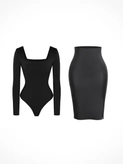 Shapewear Long Sleeve Sculpting Bodysuit Leather Midi Skirt Set