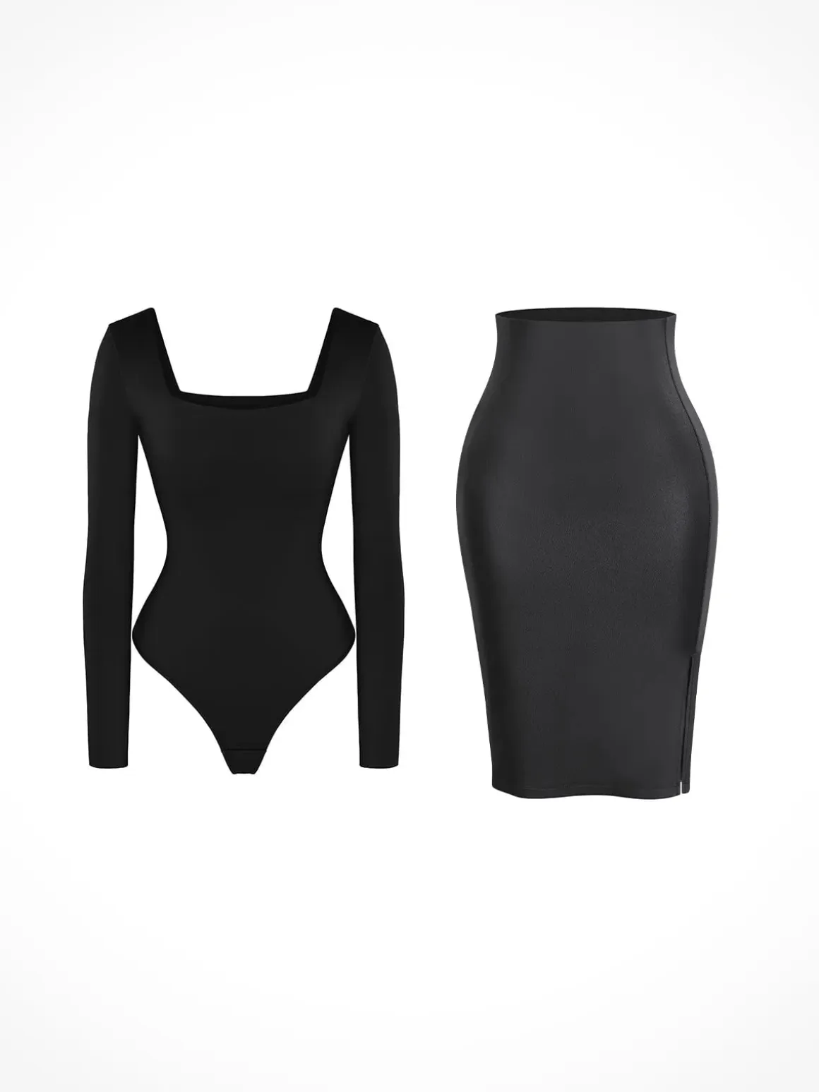 Shapewear Long Sleeve Sculpting Bodysuit Leather Midi Skirt Set