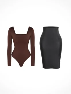 Shapewear Long Sleeve Sculpting Bodysuit Leather Midi Skirt Set