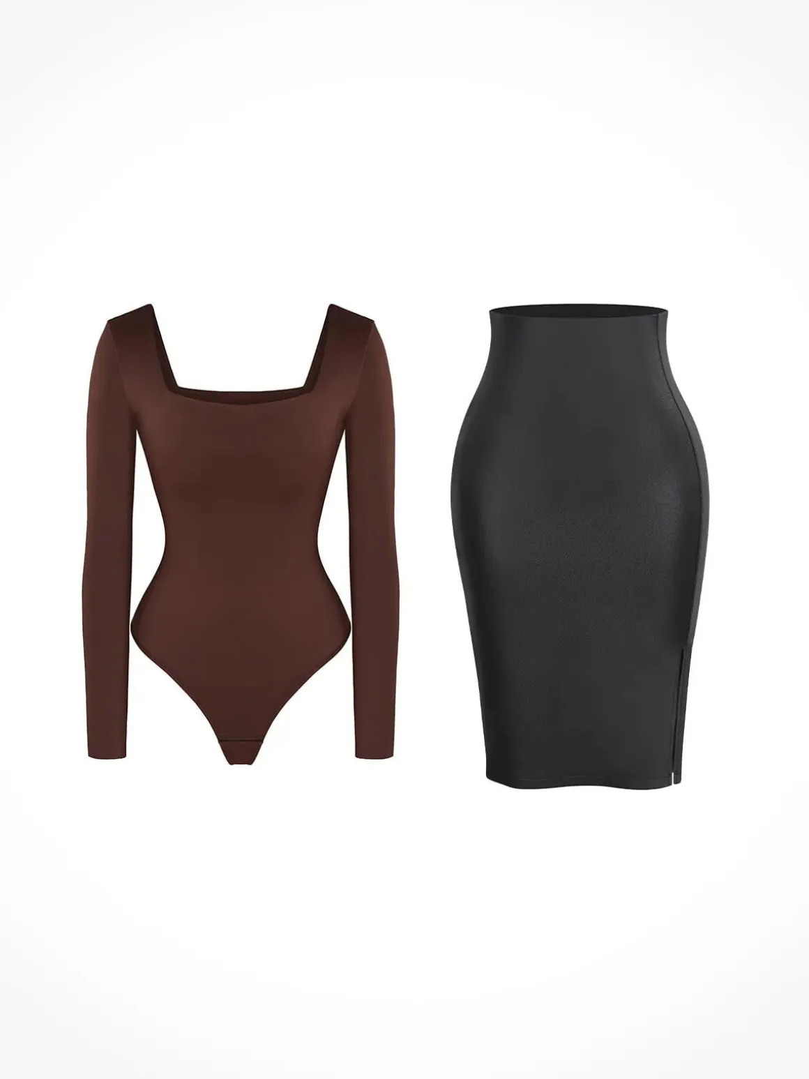 Shapewear Long Sleeve Sculpting Bodysuit Leather Midi Skirt Set