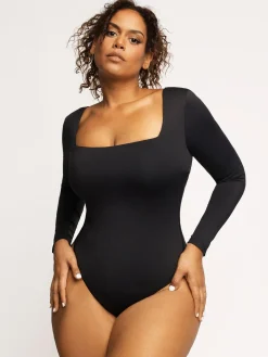 Shapewear Long Sleeve Sculpting Bodysuit Leather Midi Skirt Set