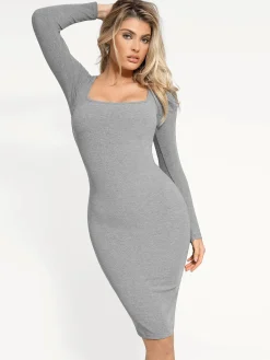 Shapewear Long Sleeve Square Neck Modal Slimming Midi Dress