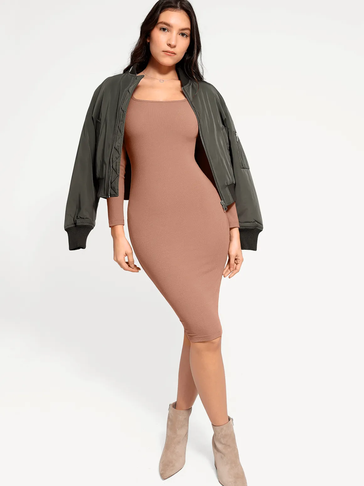 Shapewear Long Sleeve Square Neck Modal Slimming Midi Dress