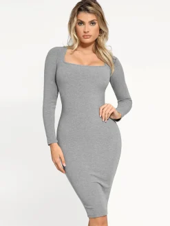 Shapewear Long Sleeve Square Neck Modal Slimming Midi Dress
