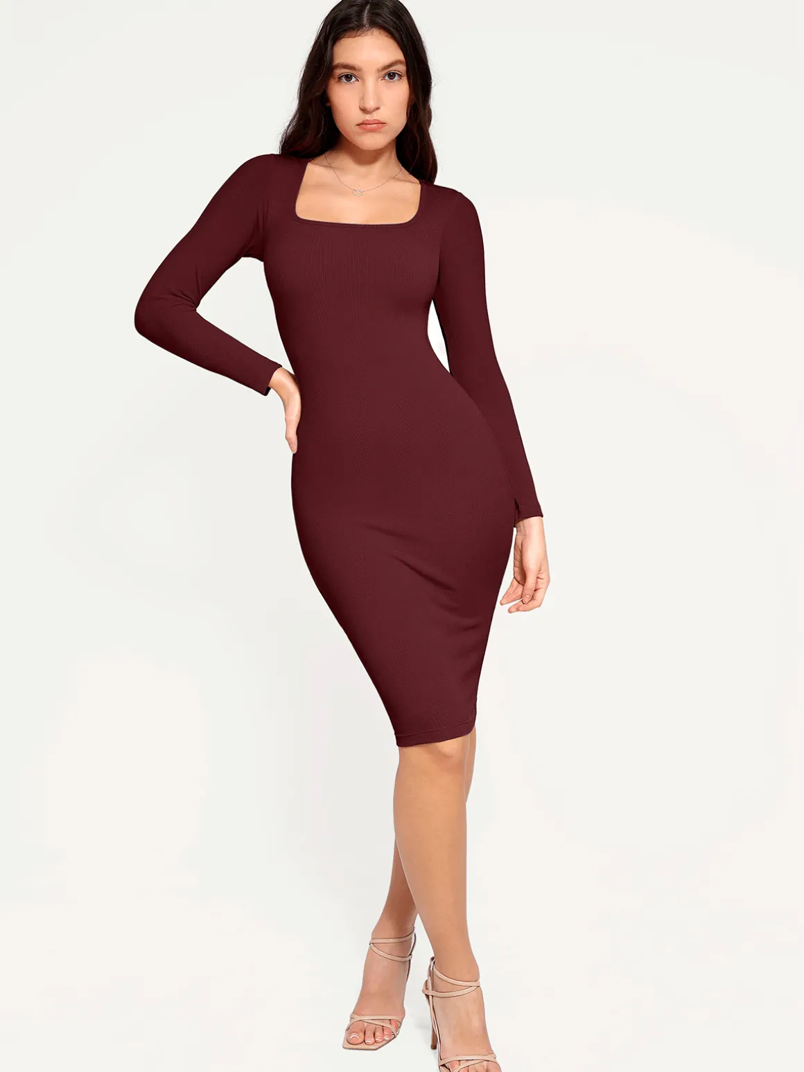 Shapewear Long Sleeve Square Neck Modal Slimming Midi Dress