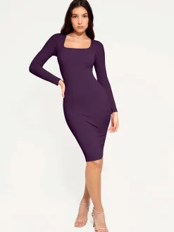Shapewear Long Sleeve Square Neck Modal Slimming Midi Dress