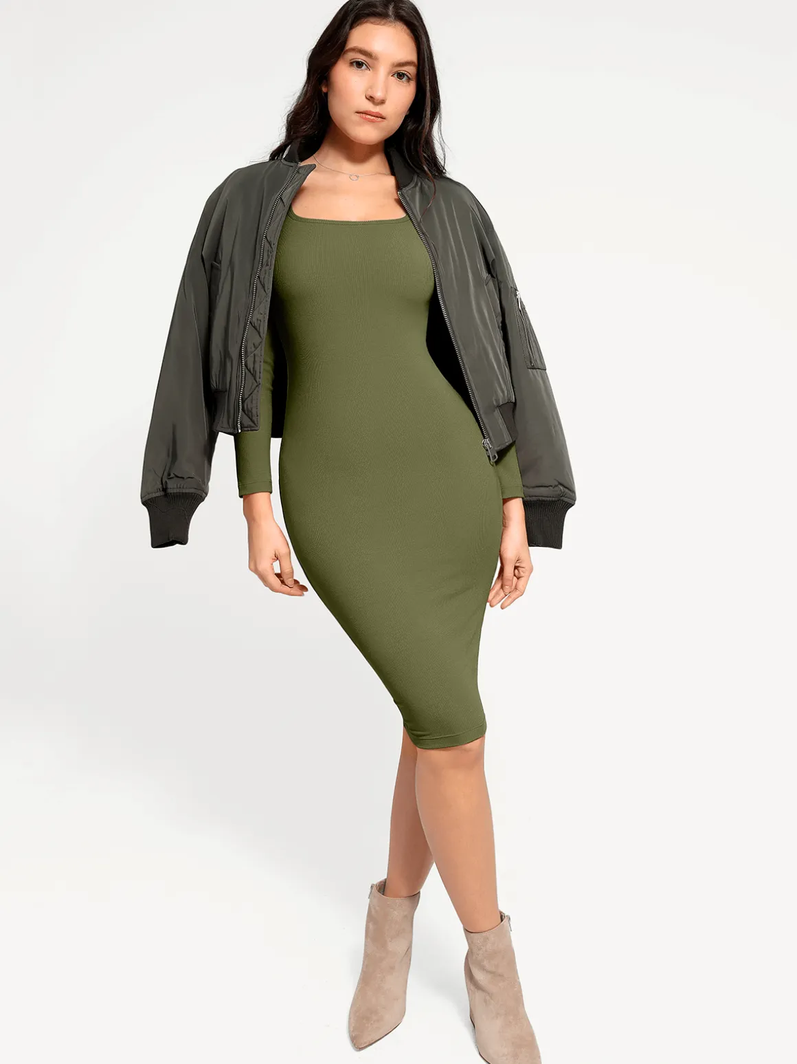 Shapewear Long Sleeve Square Neck Modal Slimming Midi Dress