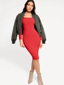 Shapewear Long Sleeve Square Neck Modal Slimming Midi Dress