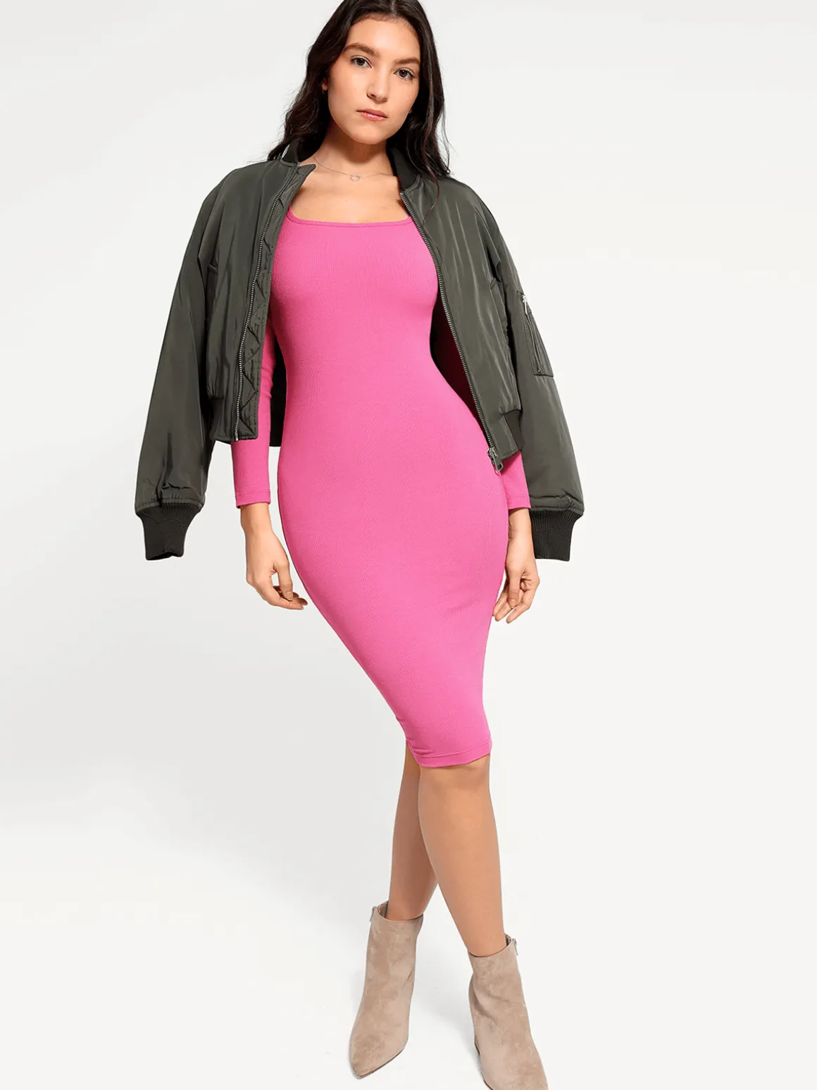 Shapewear Long Sleeve Square Neck Modal Slimming Midi Dress