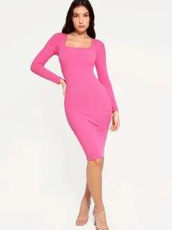 Shapewear Long Sleeve Square Neck Modal Slimming Midi Dress