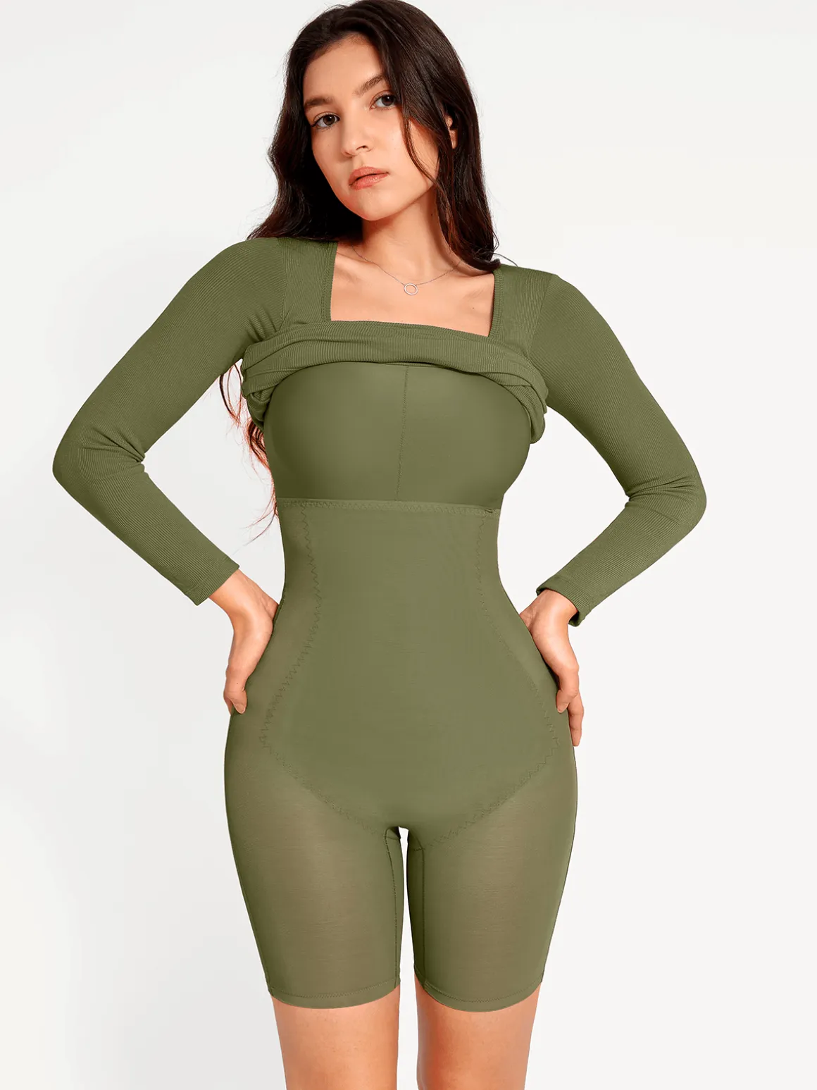 Shapewear Long Sleeve Square Neck Modal Slimming Midi Dress