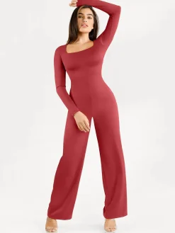 Shapewear Long Sleeve Square Neck Slimming Wide Leg Jumpsuit