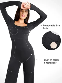 Shapewear Long Sleeve Square Neck Slimming Wide Leg Jumpsuit