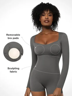 Shapewear Long Sleeve Sweetheart Neck Tummy Control Romper