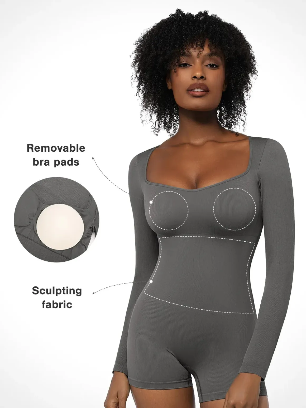 Shapewear Long Sleeve Sweetheart Neck Tummy Control Romper