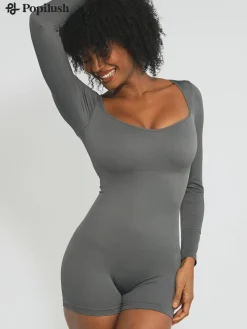 Shapewear Long Sleeve Sweetheart Neck Tummy Control Romper