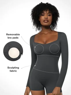Shapewear Long Sleeve Sweetheart Neck Tummy Control Romper