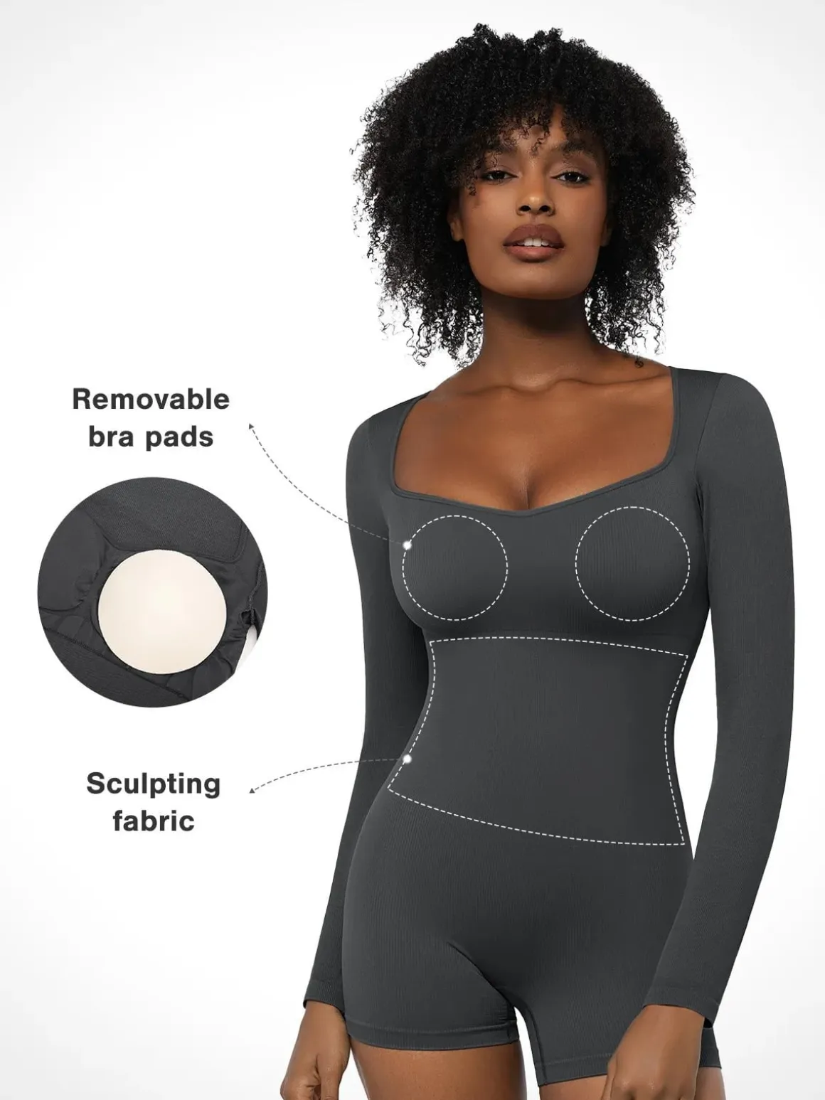 Shapewear Long Sleeve Sweetheart Neck Tummy Control Romper