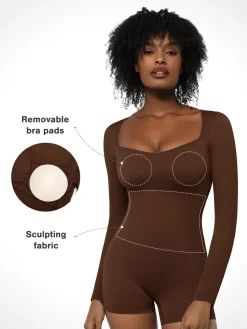 Shapewear Long Sleeve Sweetheart Neck Tummy Control Romper