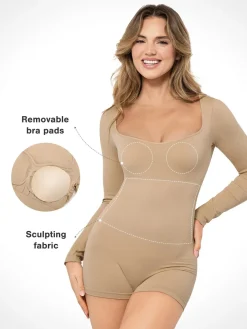 Shapewear Long Sleeve Sweetheart Neck Tummy Control Romper
