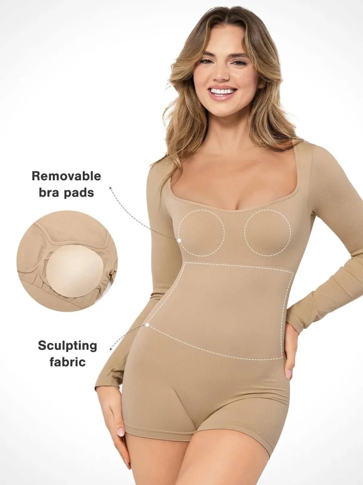 Shapewear Long Sleeve Sweetheart Neck Tummy Control Romper