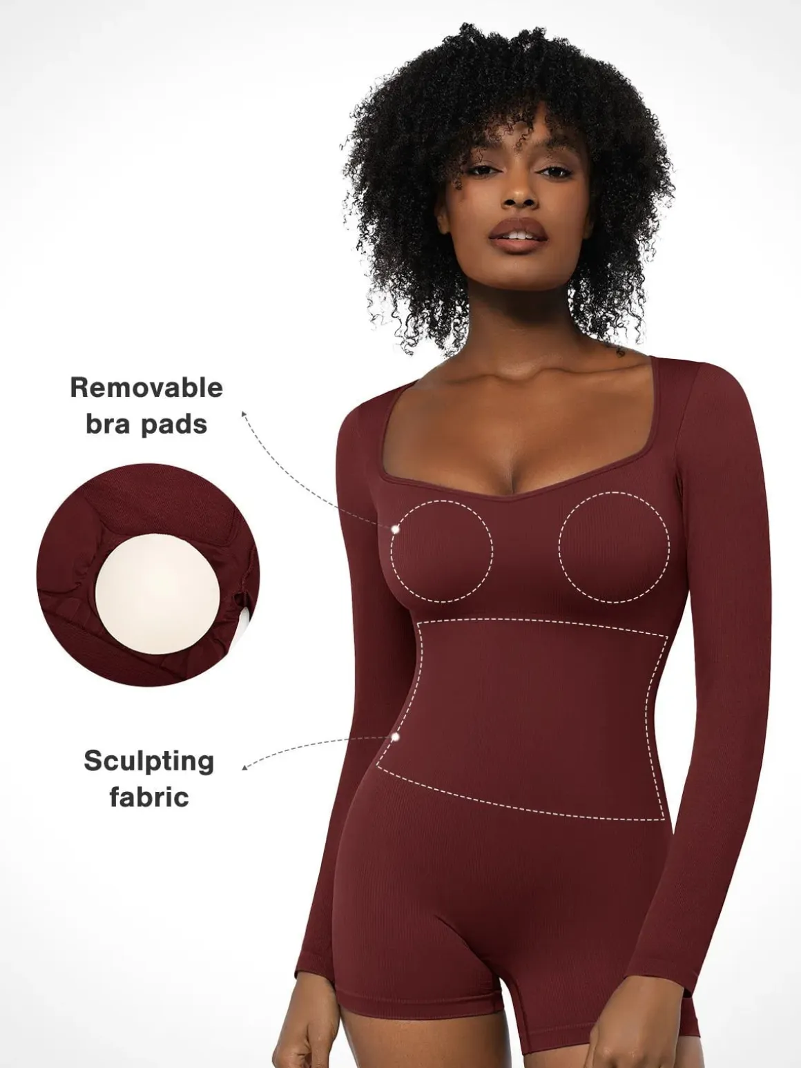 Shapewear Long Sleeve Sweetheart Neck Tummy Control Romper