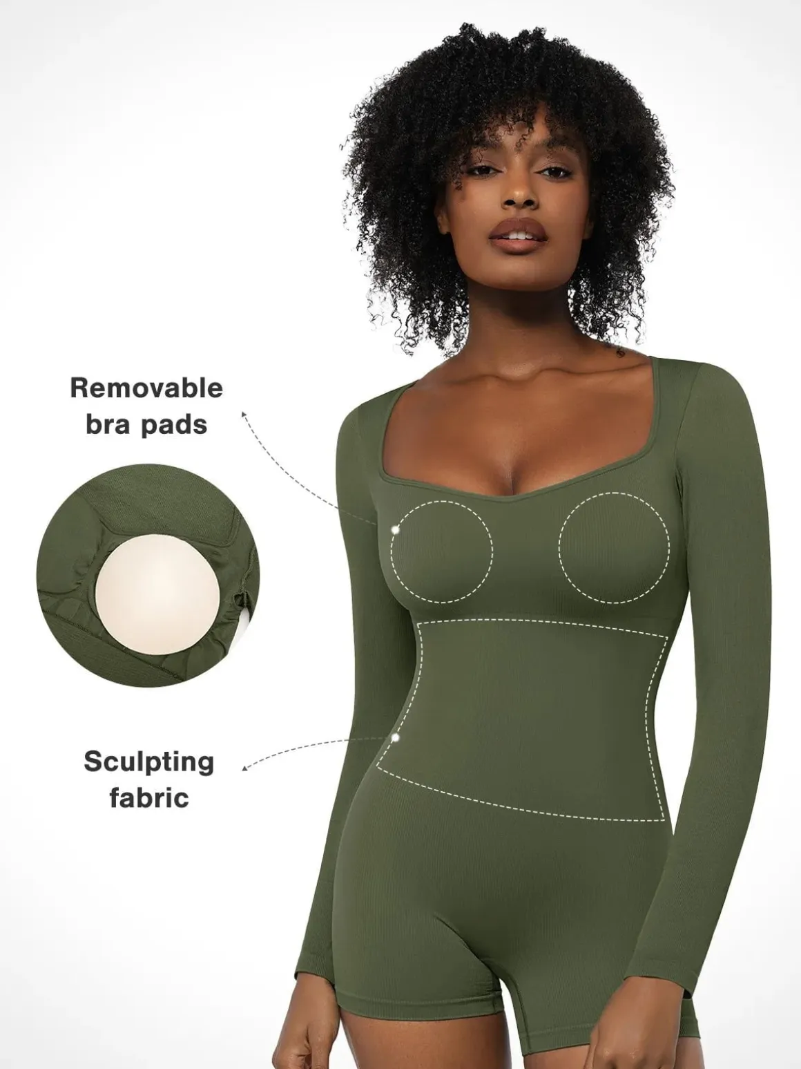 Shapewear Long Sleeve Sweetheart Neck Tummy Control Romper