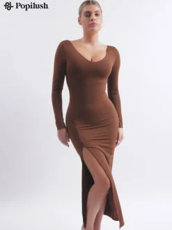 Shapewear Long Sleeve V-Neck Low Back Slimming Maxi Dress