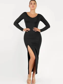 Shapewear Long Sleeve V-Neck Low Back Slimming Maxi Dress