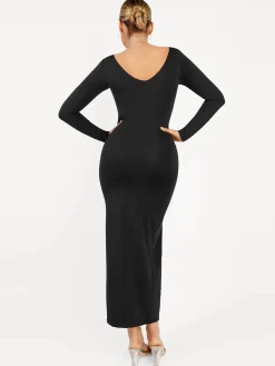 Shapewear Long Sleeve V-Neck Low Back Slimming Maxi Dress