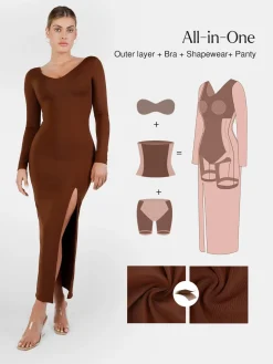 Shapewear Long Sleeve V-Neck Low Back Slimming Maxi Dress