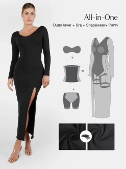 Shapewear Long Sleeve V-Neck Low Back Slimming Maxi Dress