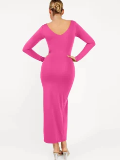 Shapewear Long Sleeve V-Neck Low Back Slimming Maxi Dress