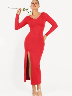 Shapewear Long Sleeve V-Neck Low Back Slimming Maxi Dress