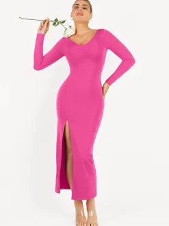 Shapewear Long Sleeve V-Neck Low Back Slimming Maxi Dress